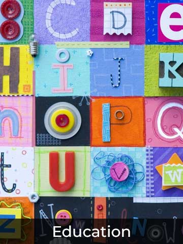 Colorful educational artwork featuring a creative alphabet collage with vibrant textures, patterns, and mixed media elements representing each letter.